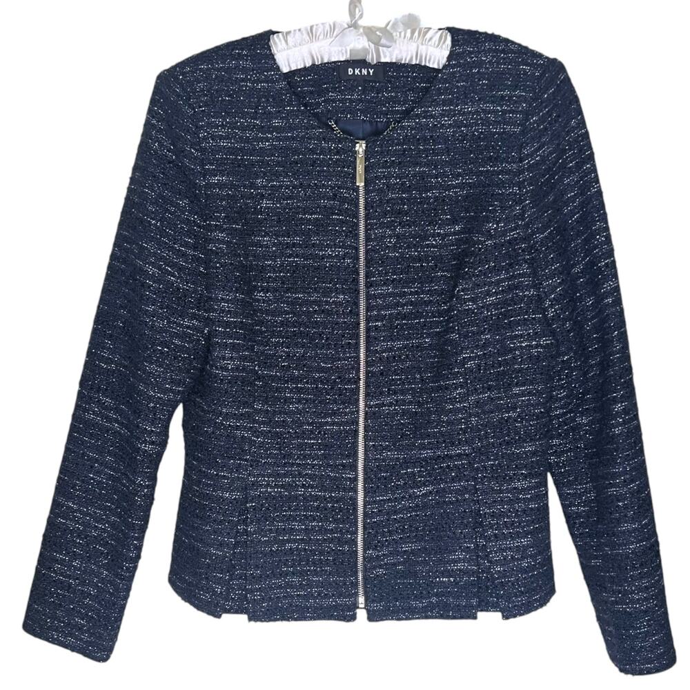 DKNY Women's Size 10 Tweed Zip-Up Blazer Blue White Black Career Wear